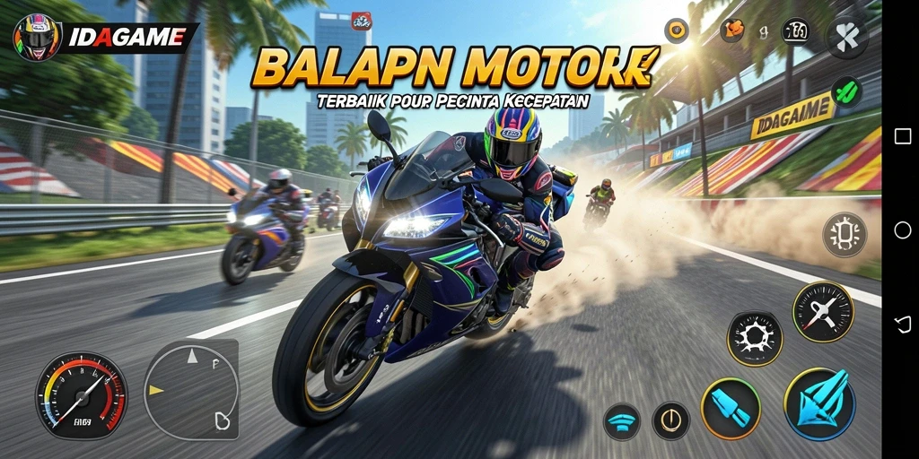 Gameplay seru IDAGAME dengan berbagai motor dan lintasan menantang.