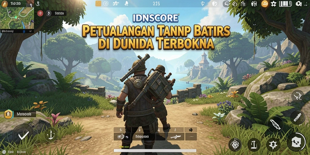 Screenshot menunjukkan karakter menjelajahi dunia terbuka yang indah.