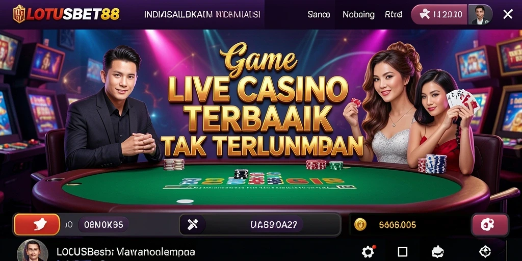 Tangkapan layar gameplay LOTUSBET88 menampilkan dealer cantik dan suasana kasino yang hidup.
