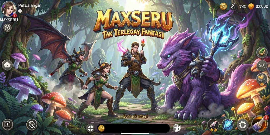 Tampilan gameplay <strong>MAXSERU</strong> yang menonjolkan petualangan seru di dunia fantasi.