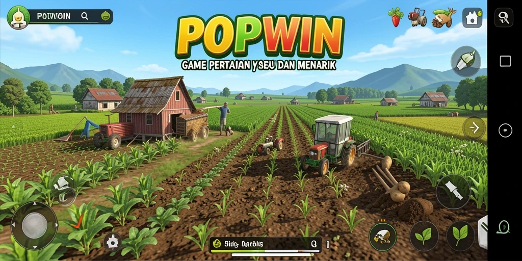 Screenshot dari gameplay seru POPWIN dengan tanaman yang subur dan hewan peliharaan.