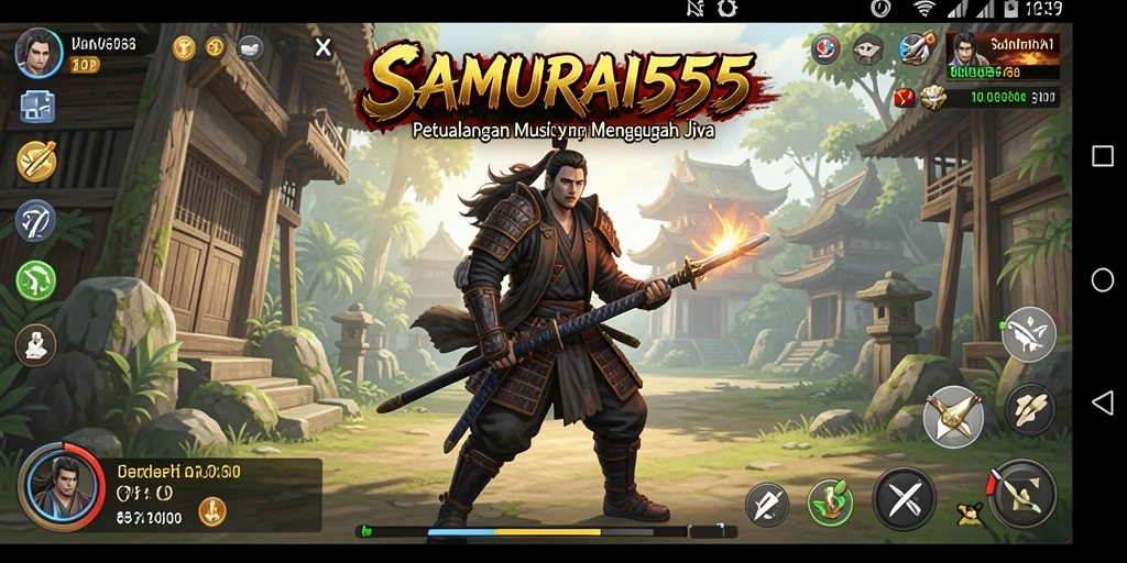 Screenshot utama SAMURAI555 menampilkan gameplay musik yang seru dan interaktif.